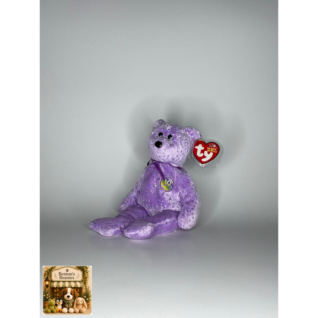 Decade the Bear Purple TY Beanie Baby | Mint Heart/Tush Tag