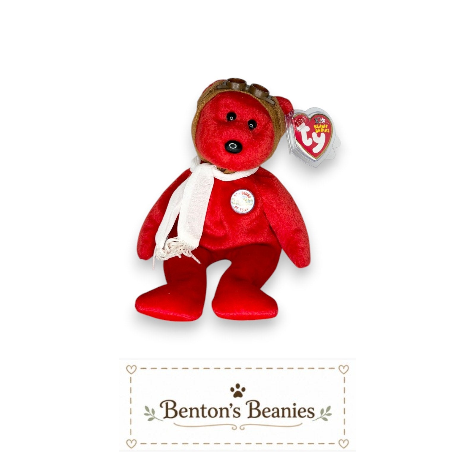 Bearon the Aviator Bear TY Beanie Baby | Mint Heart/Tush Tag
