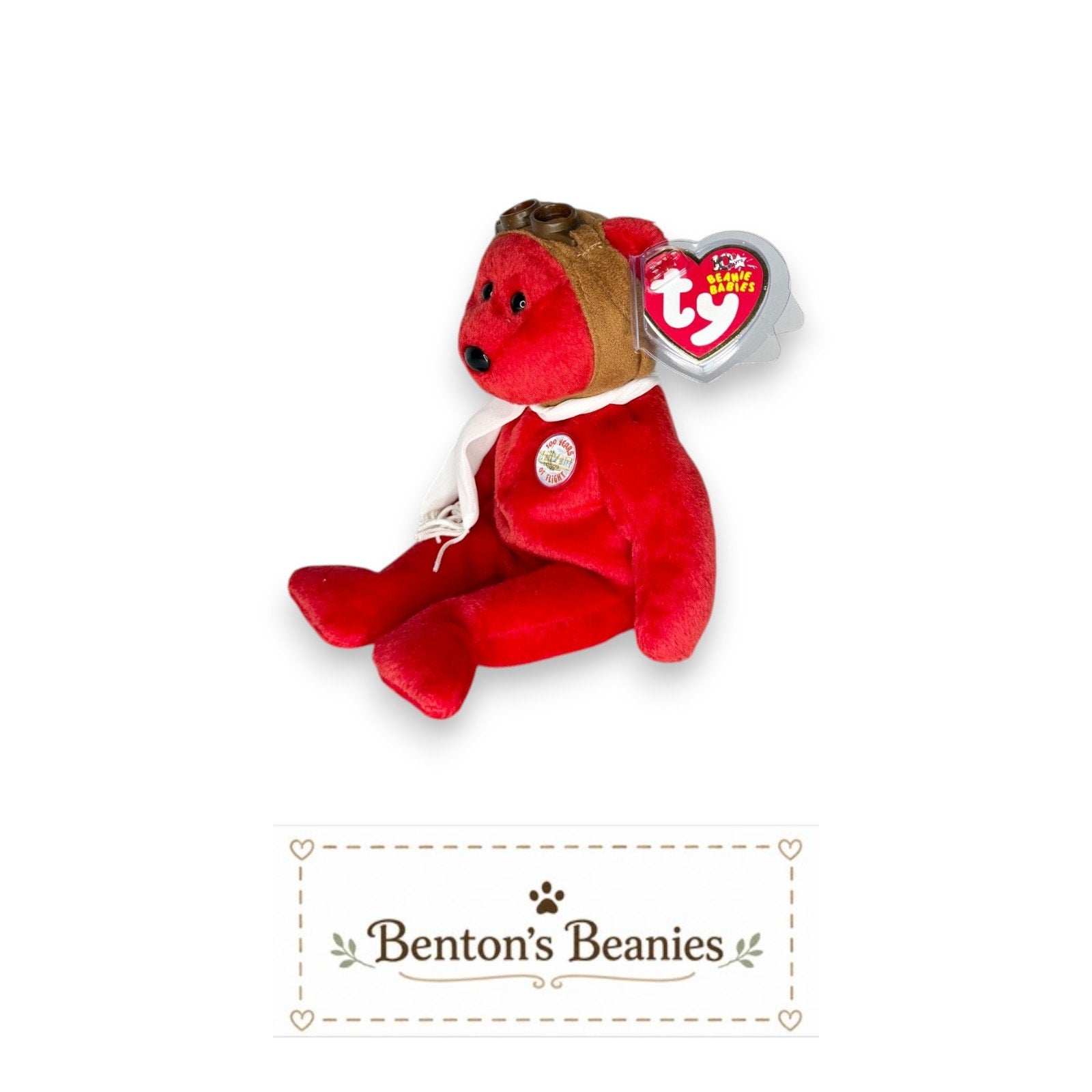 Bearon the Aviator Bear TY Beanie Baby | Mint Heart/Tush Tag