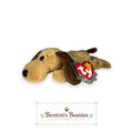 Benton's Beanies Bones the Dog TY Beanie Baby with soft tan plush, brown ears, and mint heart tag.