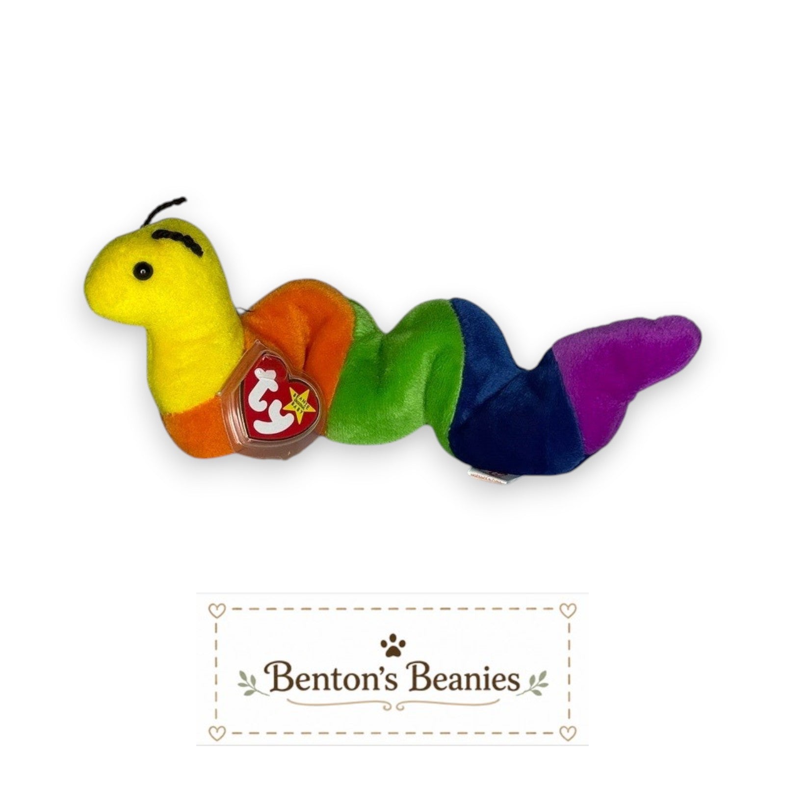 Benton's Beanies Inch the Worm Ty Beanie Baby with rainbow-striped plush body and original heart tag.