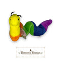 Benton's Beanies Inch the Worm Ty Beanie Baby with rainbow-striped plush body and original tag attached.