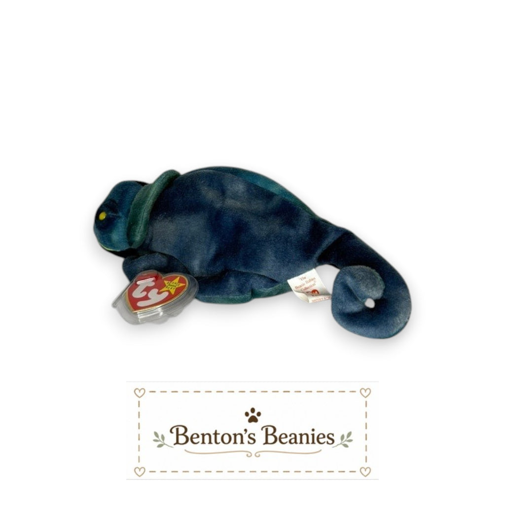 Benton's Beanies Rainbow the Chameleon Ty Beanie Baby in blue and teal plush with a curled tail and original tags.