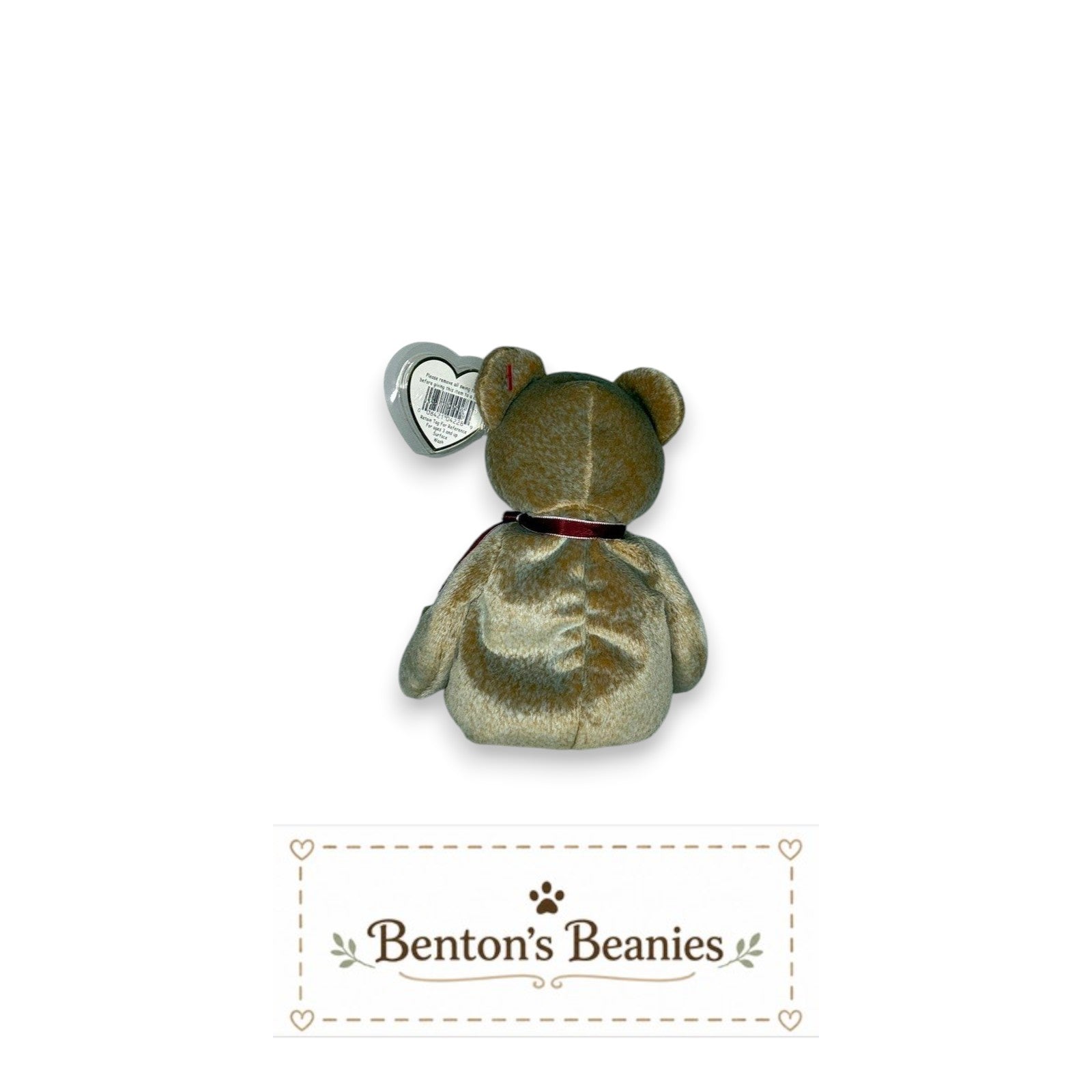 Benton's Beanies 1999 Signature Bear TY Beanie Baby, golden-brown plush with burgundy ribbon, mint condition.