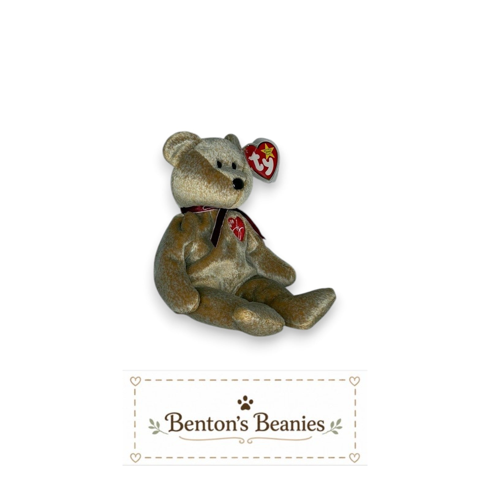 Benton's Beanies 1999 Signature Bear TY Beanie Baby, golden-brown plush with burgundy ribbon and embroidered red heart emblem.