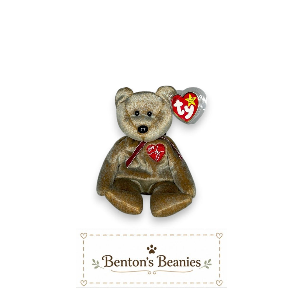 Benton's Beanies 1999 Signature Bear TY Beanie Baby, golden-brown plush with burgundy ribbon and embroidered red heart emblem.