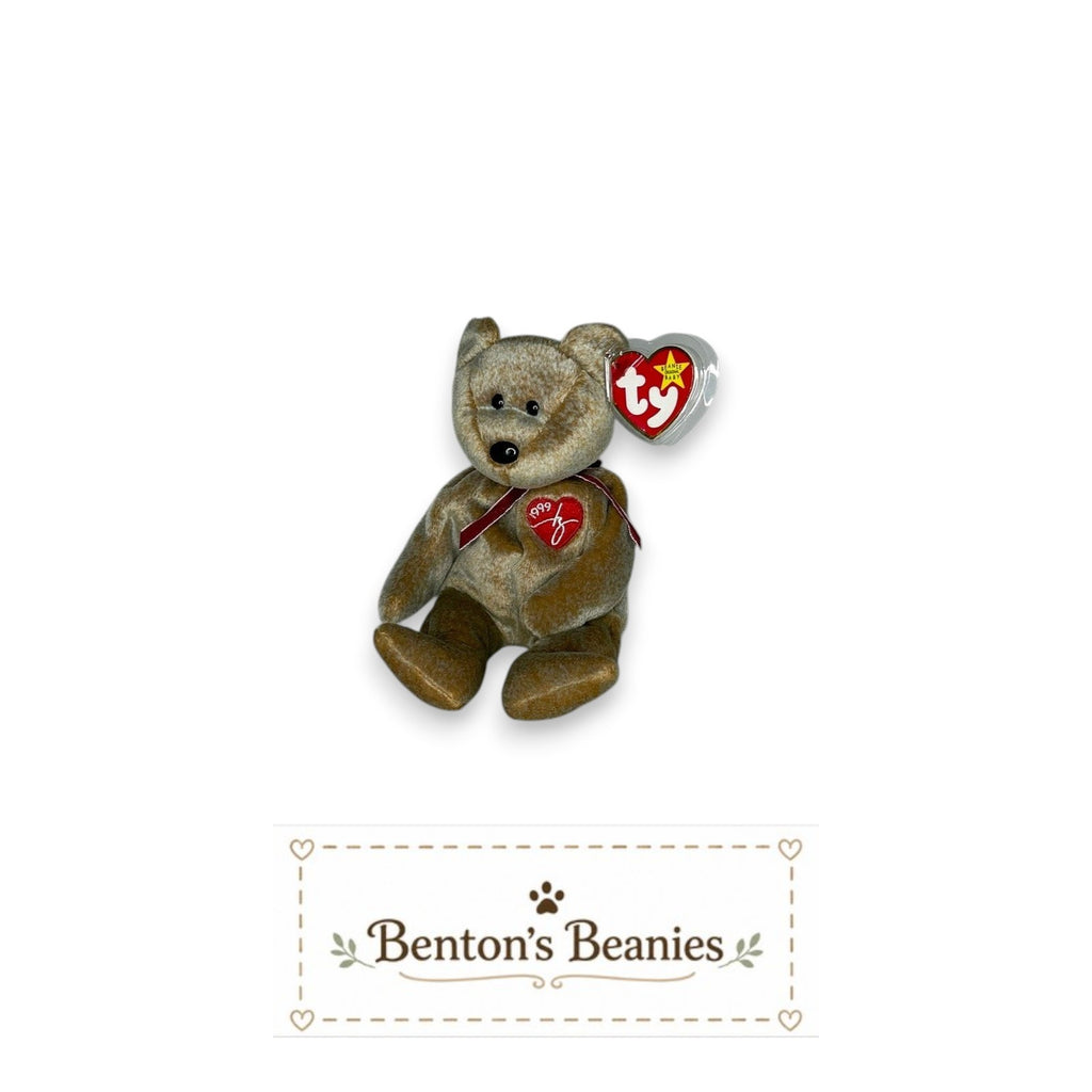 Benton's Beanies 1999 Signature Bear TY Beanie Baby, golden-brown plush with burgundy ribbon and embroidered red heart emblem.