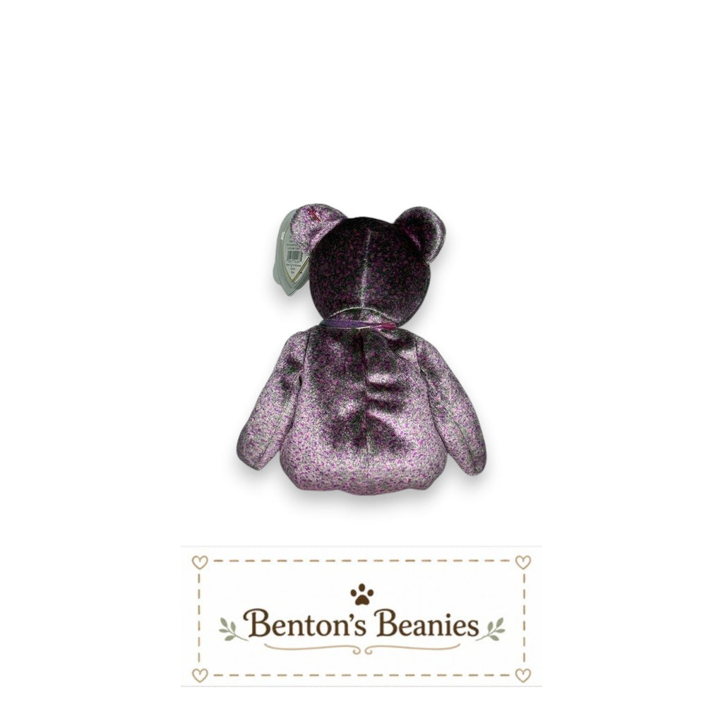 Benton's Beanies 2000 Signature Bear Ty Beanie Baby, shimmering lavender and plum plush with embroidered "2000" heart emblem and pastel ribbon.