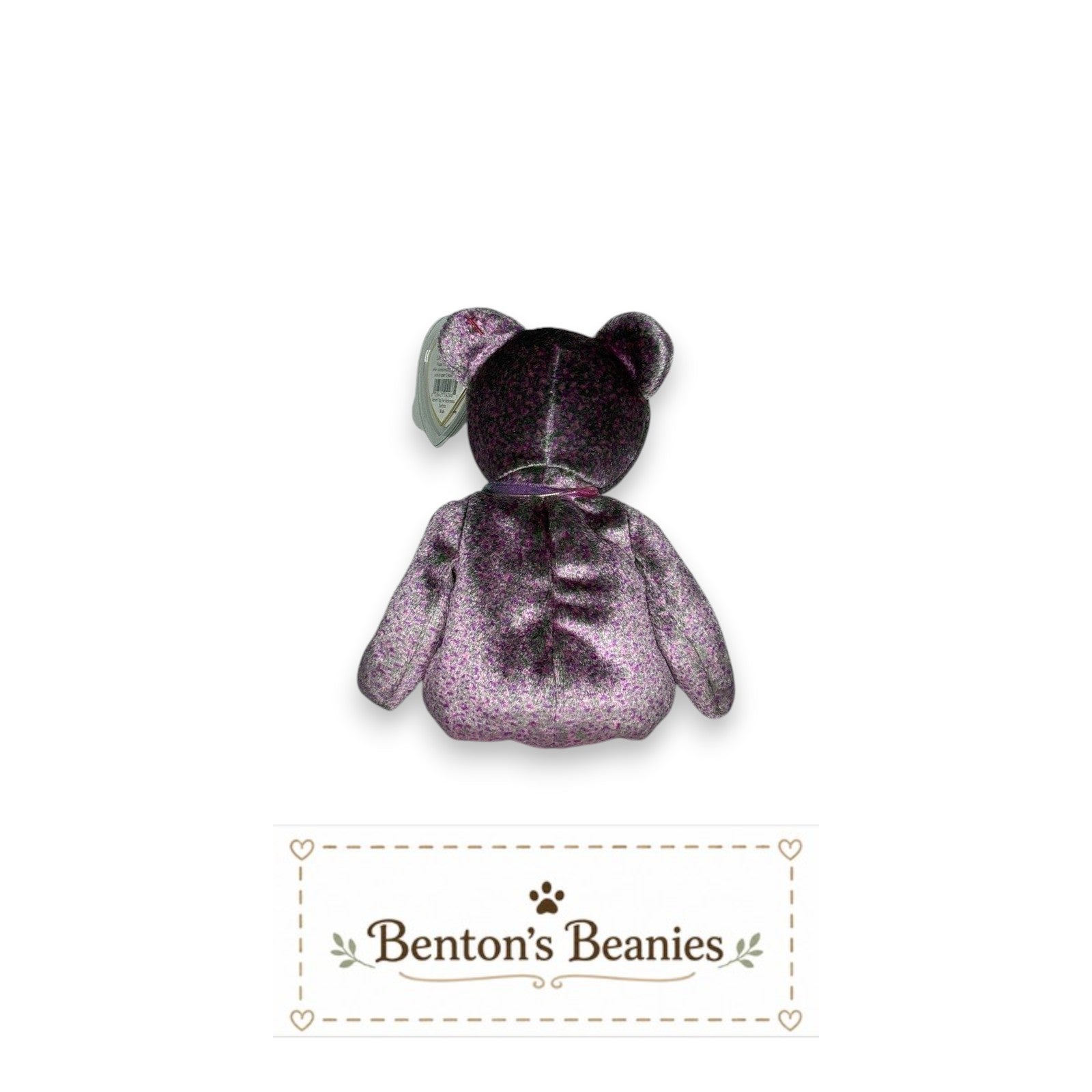 Benton's Beanies 2000 Signature Bear Ty Beanie Baby, shimmering lavender and plum plush with embroidered "2000" heart emblem and pastel ribbon.