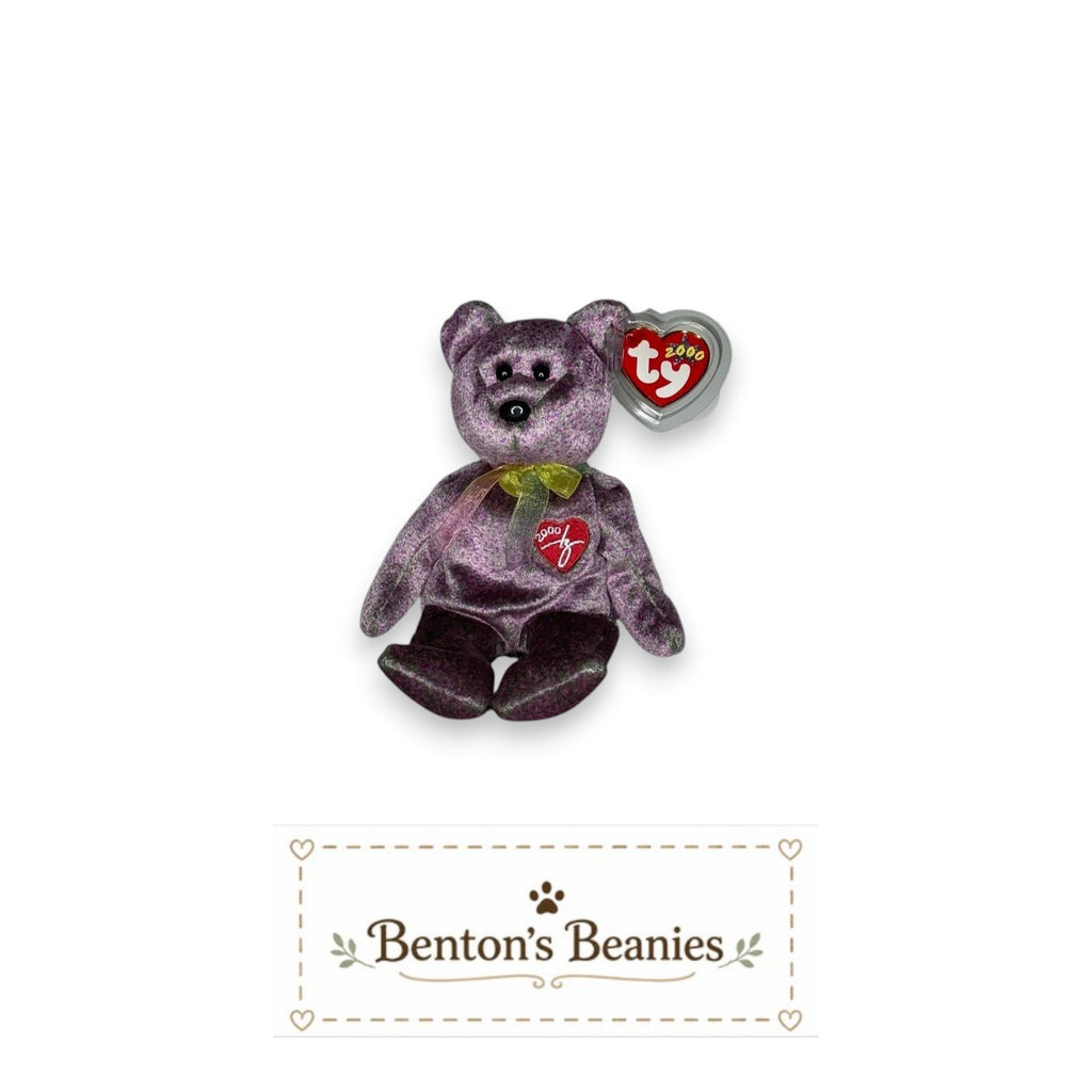 Benton's Beanies 2000 Signature Bear Ty Beanie Baby, lavender and plum plush with a red heart emblem and pastel ribbon.