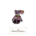 Benton's Beanies 2000 Signature Bear Ty Beanie Baby, lavender and plum plush with a red heart emblem and pastel ribbon.