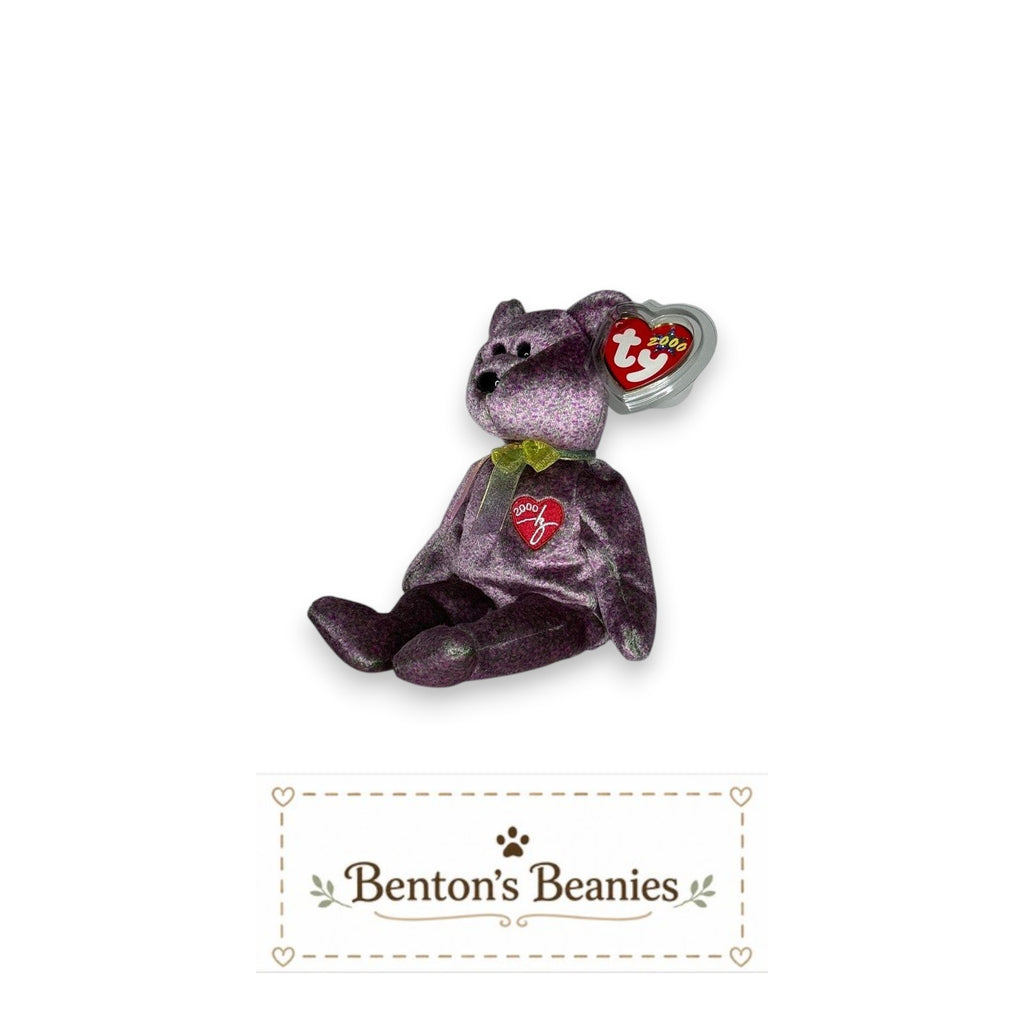 Benton's Beanies 2000 Signature Bear Ty Beanie Baby, lavender and plum plush with embroidered heart and "2000" signature.
