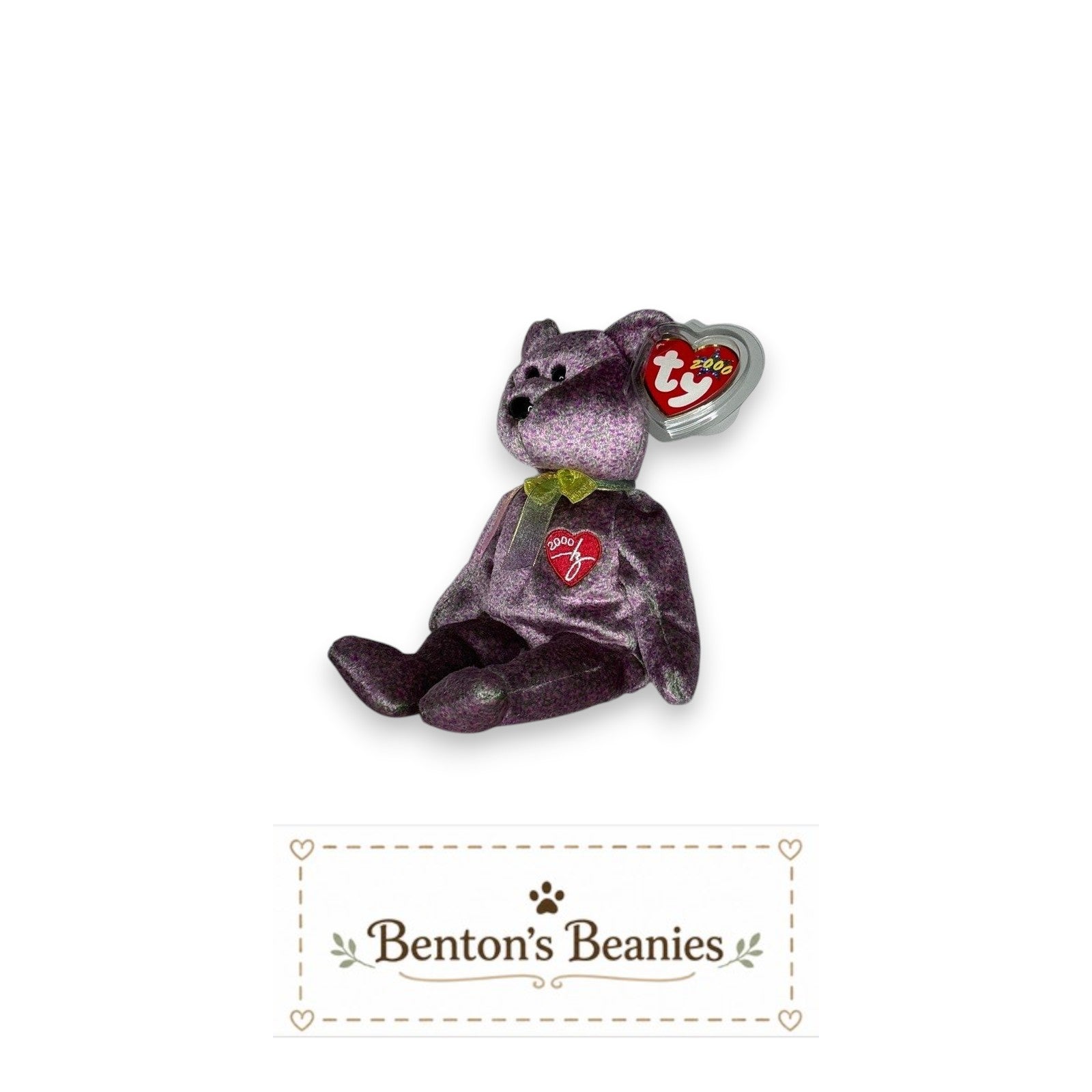 Benton's Beanies 2000 Signature Bear Ty Beanie Baby, lavender and plum plush with embroidered heart and "2000" signature.