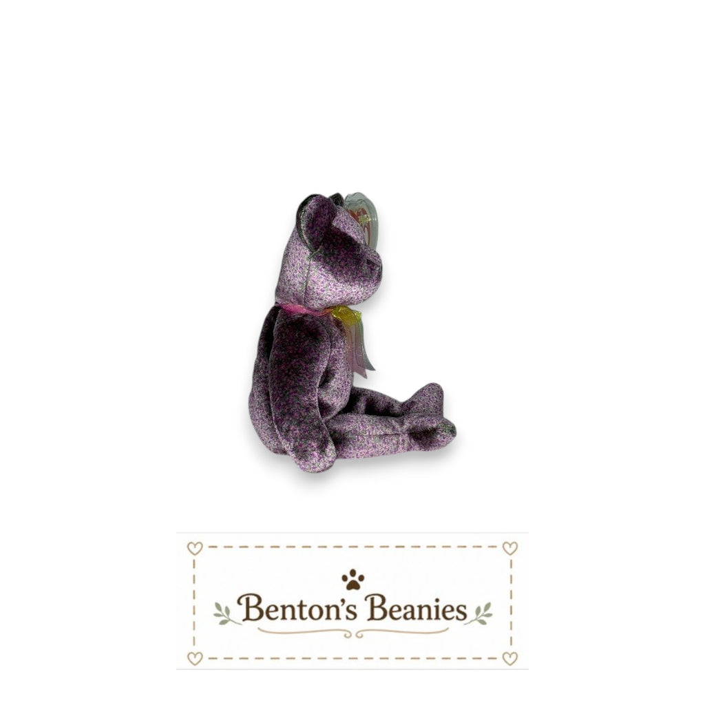 Benton's Beanies 2000 Signature Bear Ty Beanie Baby, lavender and plum plush with pastel ribbon. Mint condition.