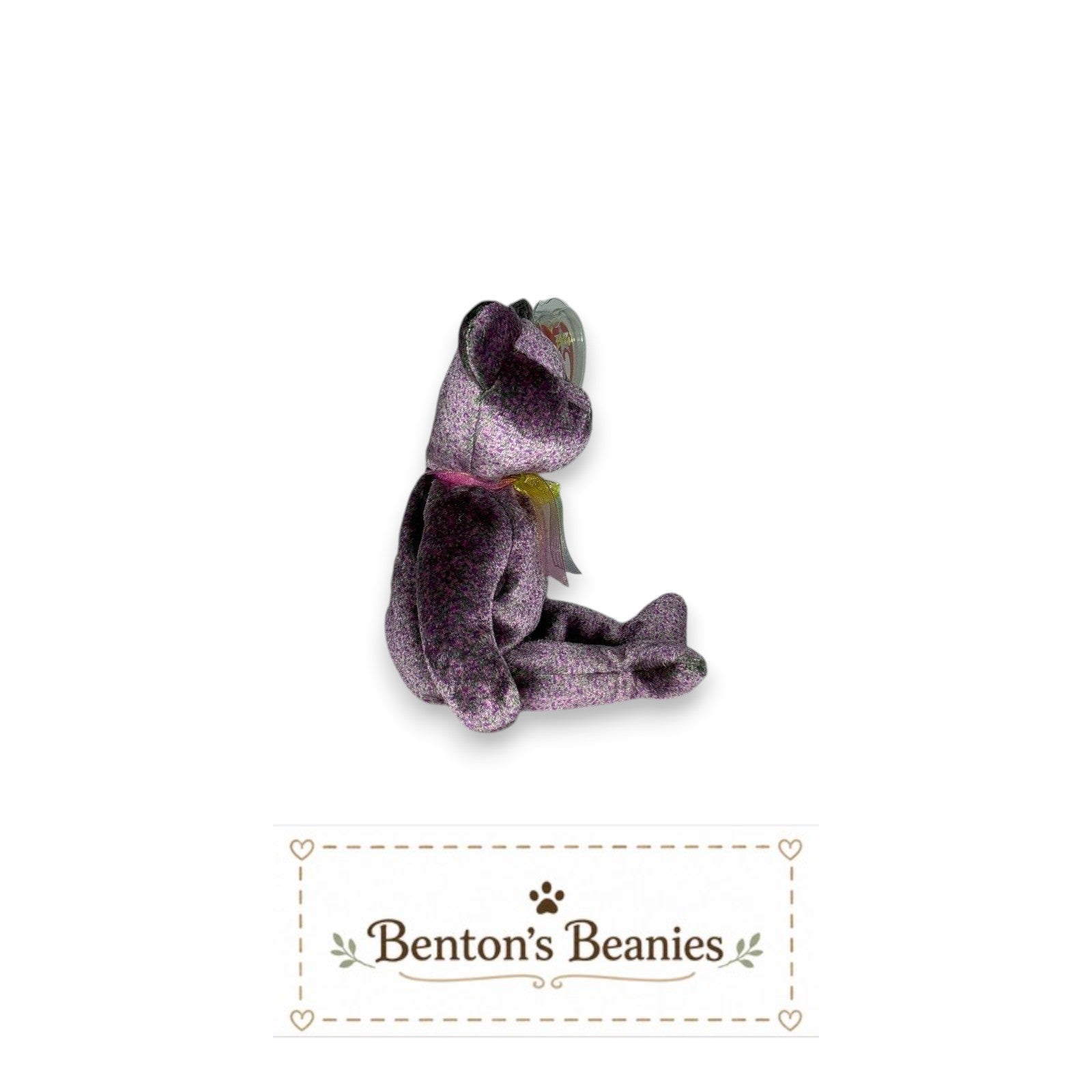 Benton's Beanies 2000 Signature Bear Ty Beanie Baby, lavender and plum plush with pastel ribbon. Mint condition.