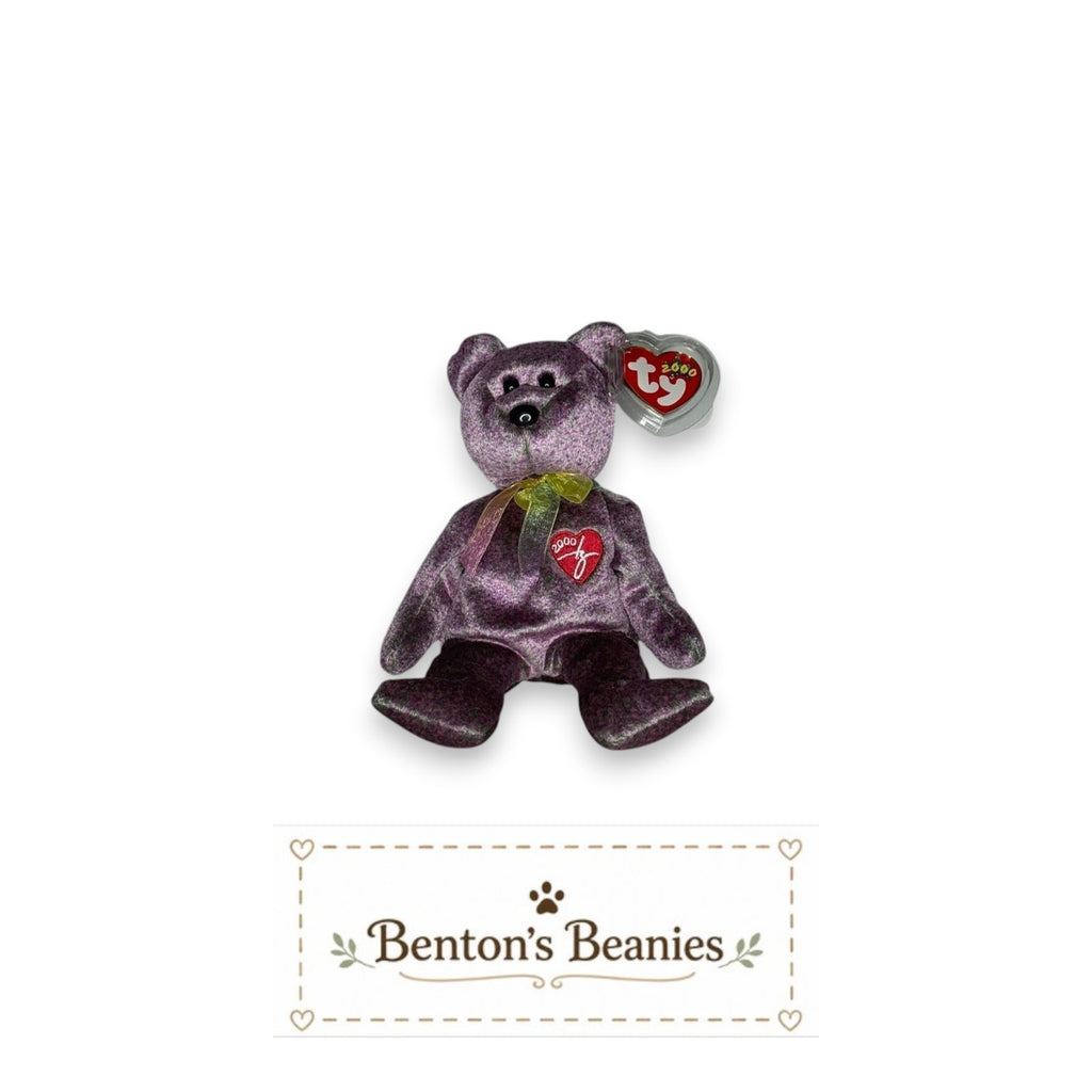Benton's Beanies 2000 Signature Bear Ty Beanie Baby, lavender and plum plush with embroidered "2000" heart emblem and pastel ribbon.
