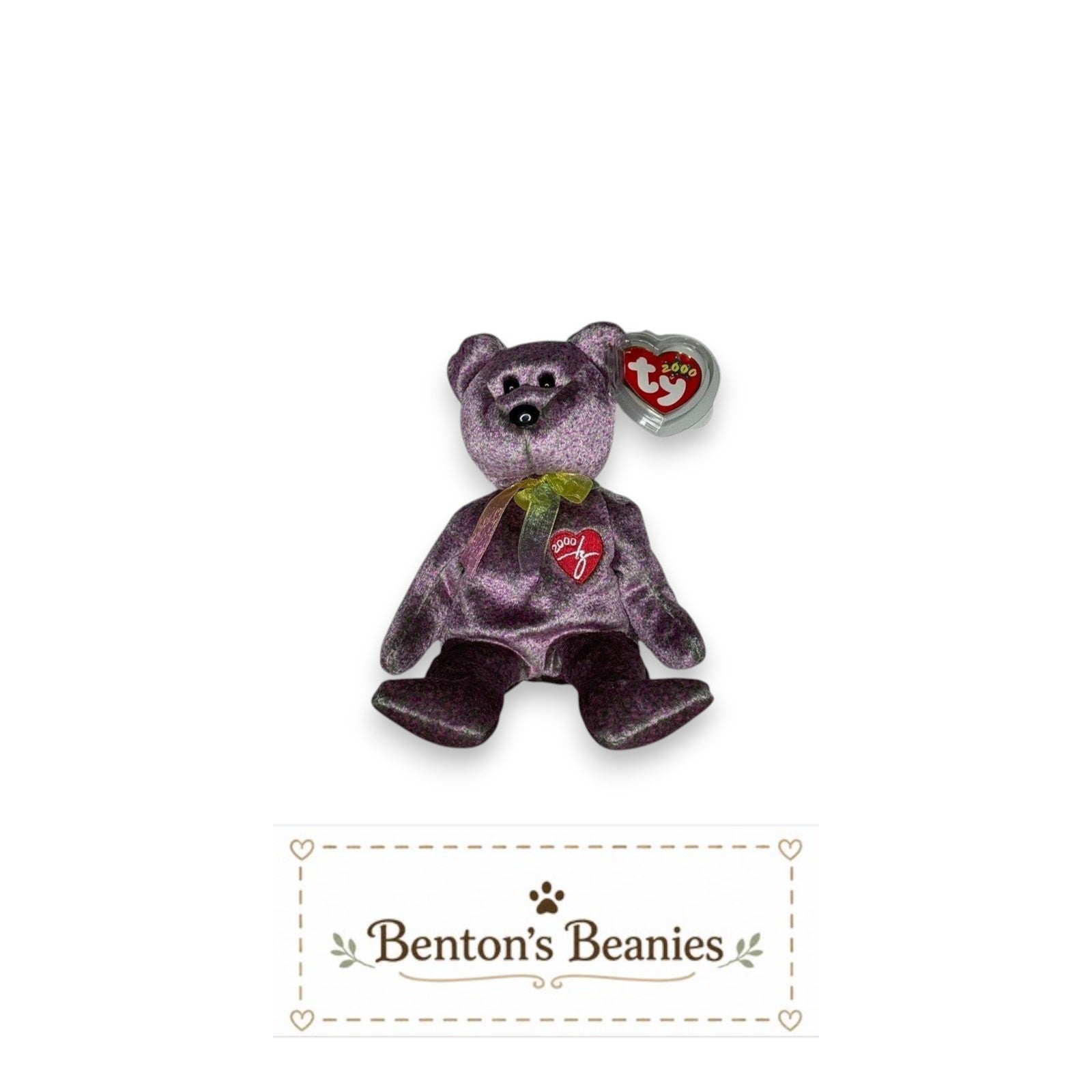 Benton's Beanies 2000 Signature Bear Ty Beanie Baby, lavender and plum plush with embroidered "2000" heart emblem and pastel ribbon.