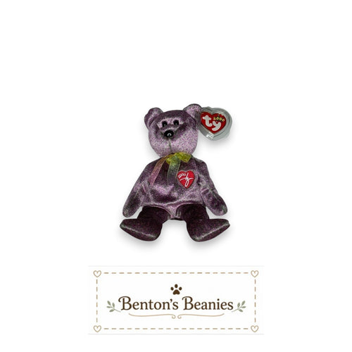 Benton's Beanies 2000 Signature Bear Ty Beanie Baby, lavender and plum plush with embroidered "2000" heart emblem and pastel ribbon.