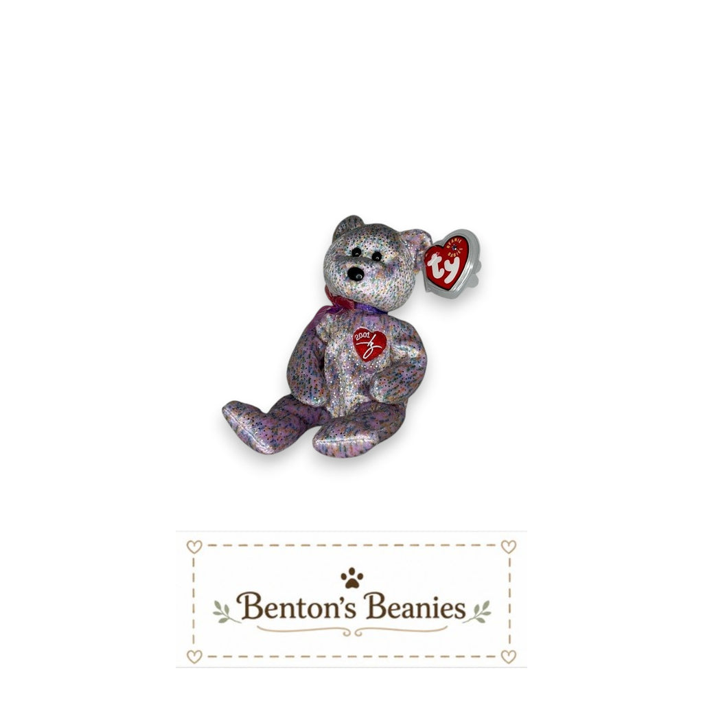 Benton's Beanies 2001 Signature Bear Beanie Baby with pastel confetti fabric, red heart emblem, and pink ribbon.