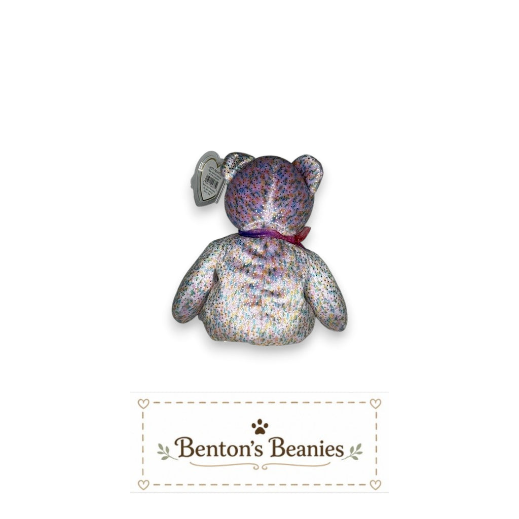 Benton's Beanies 2001 Signature Bear, a collectible plush toy with a confetti pattern in pastel colors and a pink ribbon.