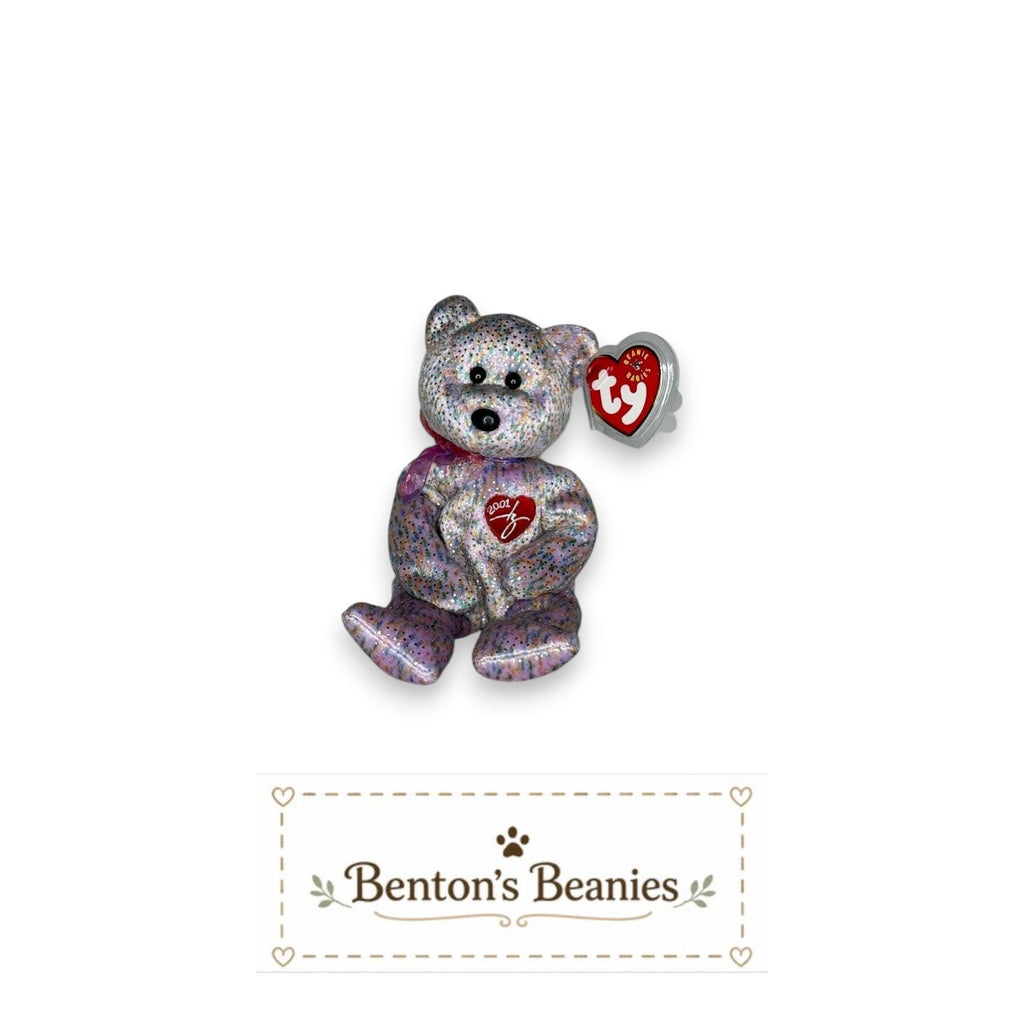 Benton's Beanie Babies 2001 Signature Bear, a plush toy with pastel confetti fabric, iridescent sparkle, and a red heart emblem with "2001" embroidered.
