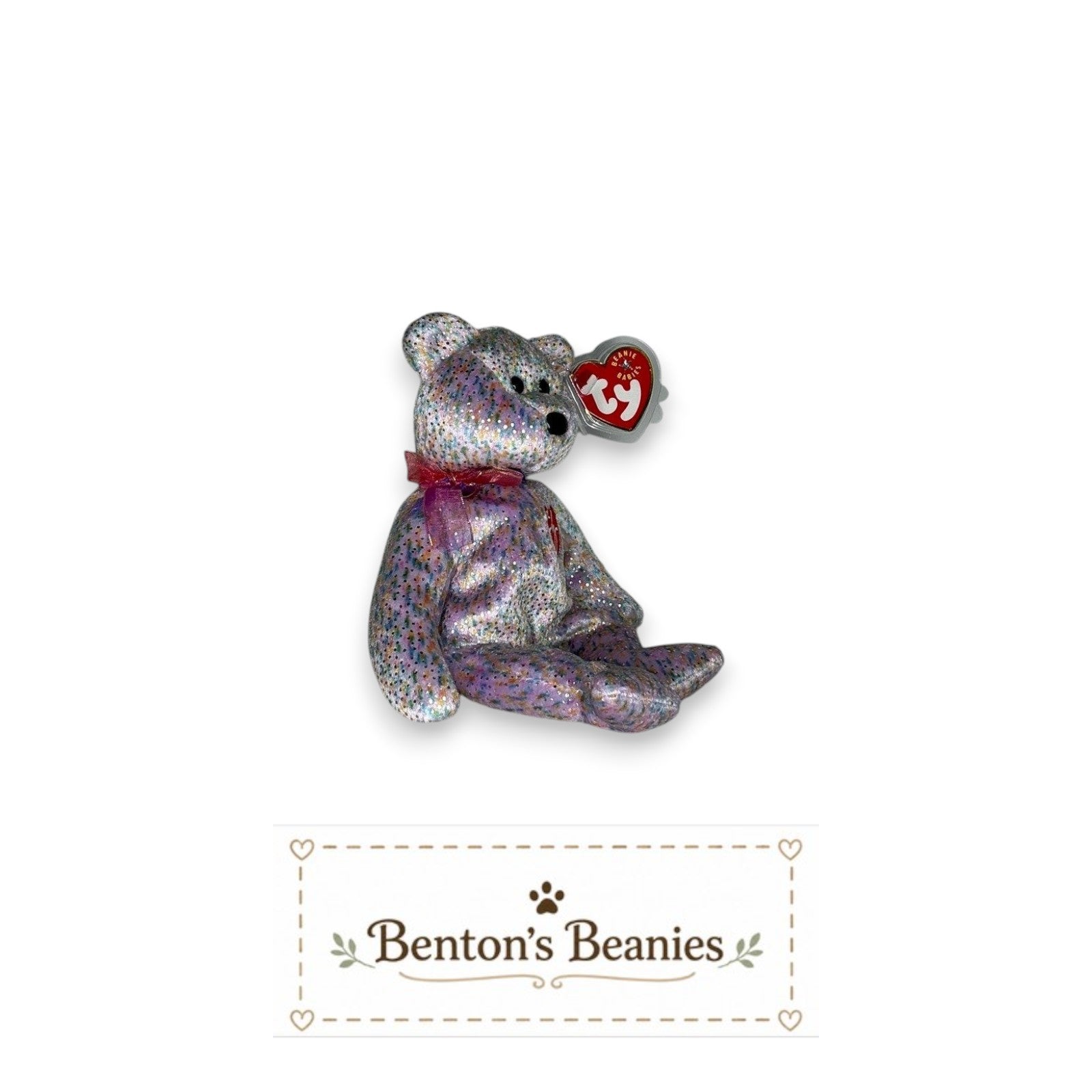 Benton's Beanie Babies 2001 Signature Bear, a collectible plush toy with pastel confetti pattern, iridescent sparkle, and a pink ribbon.