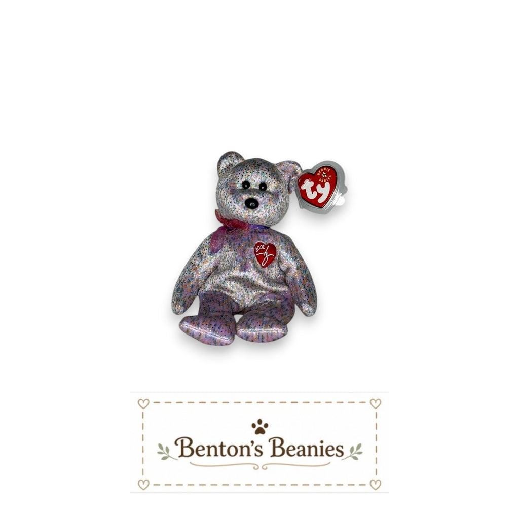 Benton's Beanies 2001 Signature Bear Ty Beanie Baby with pastel confetti fabric, red heart emblem, and pink ribbon.