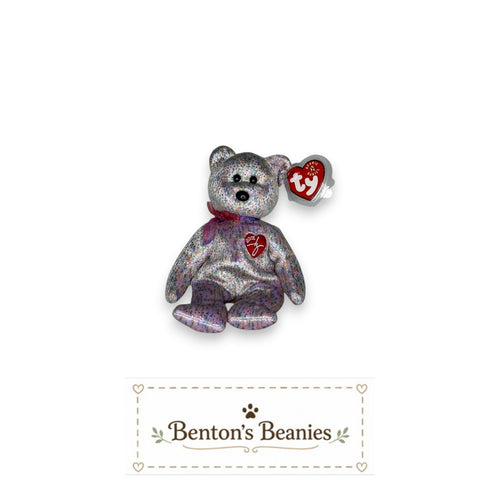 Benton's Beanies 2001 Signature Bear Ty Beanie Baby with pastel confetti fabric, red heart emblem, and pink ribbon.