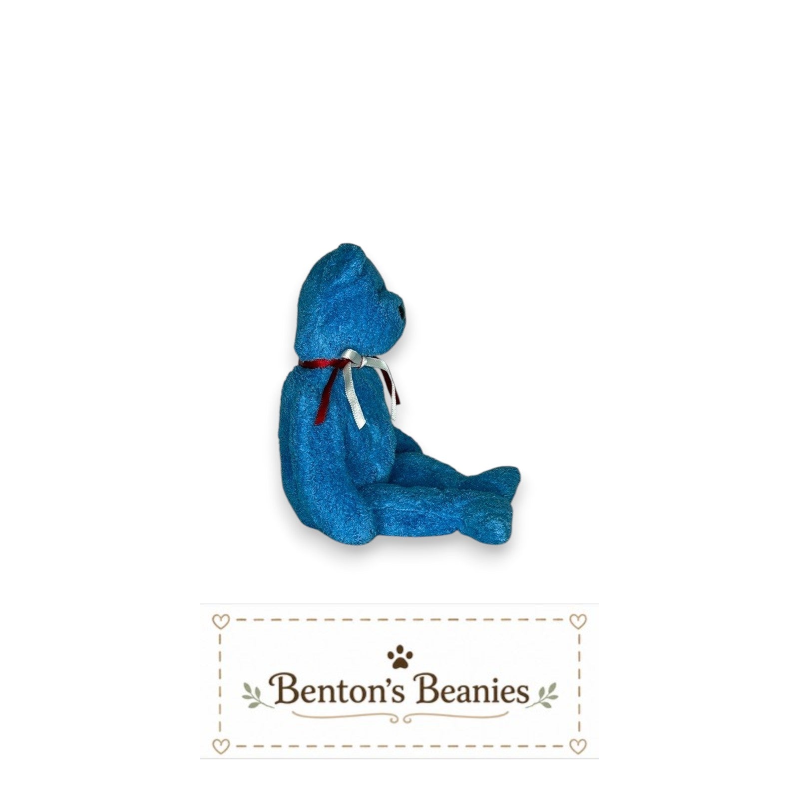 Benton's Beanies Addison the Bear Ty Beanie Baby, bright blue plush with red and white ribbon.