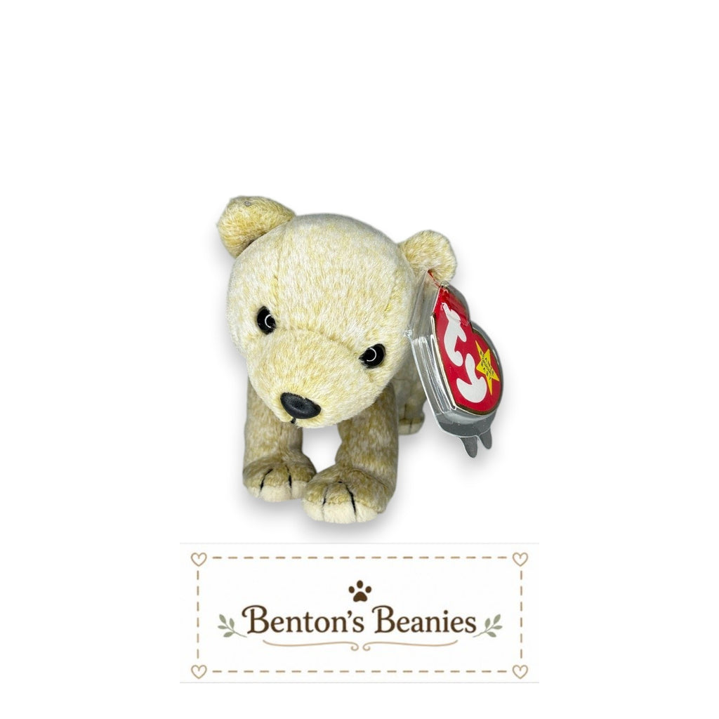 Benton's Beanies Almond the Bear, a cream-colored plush teddy bear with button eyes and a red TY tag.