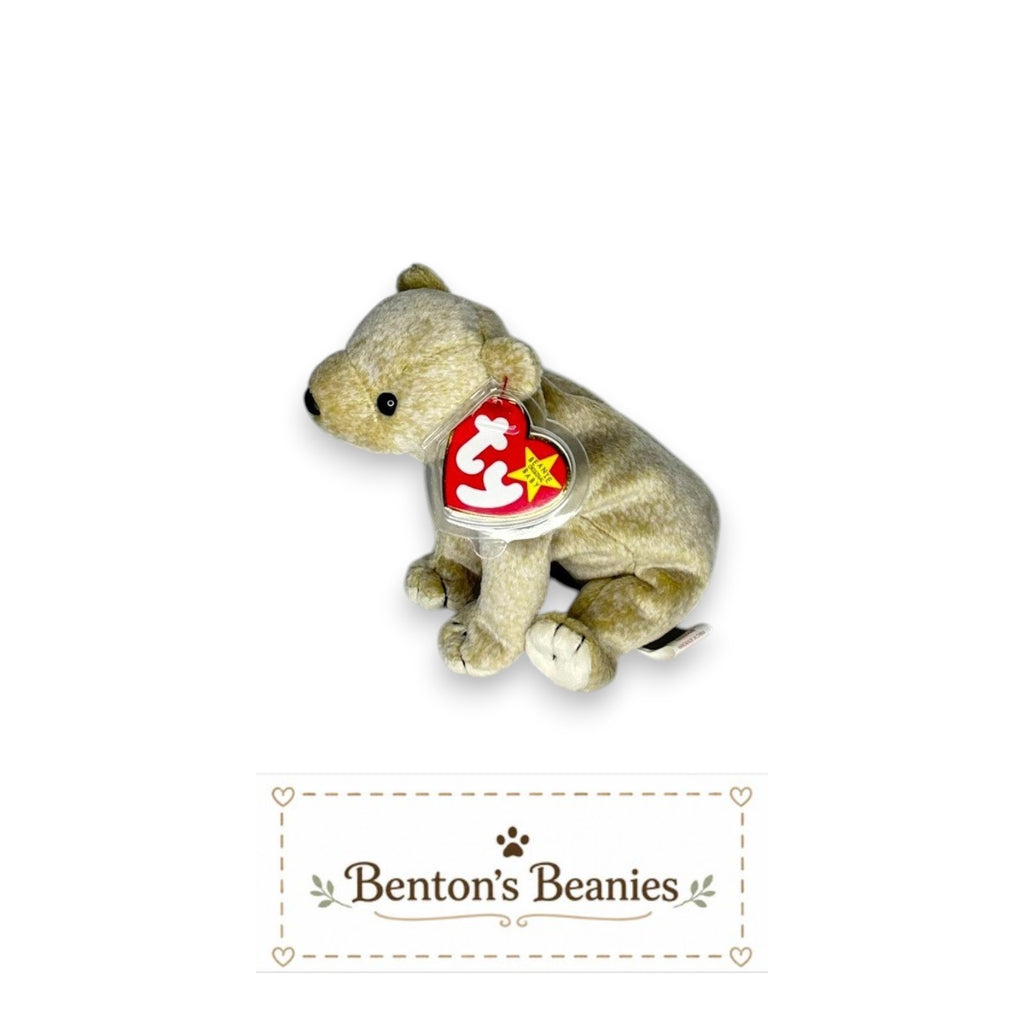Benton's Beanies Almond the Bear plush toy, cream-colored with button eyes and a red heart tag.