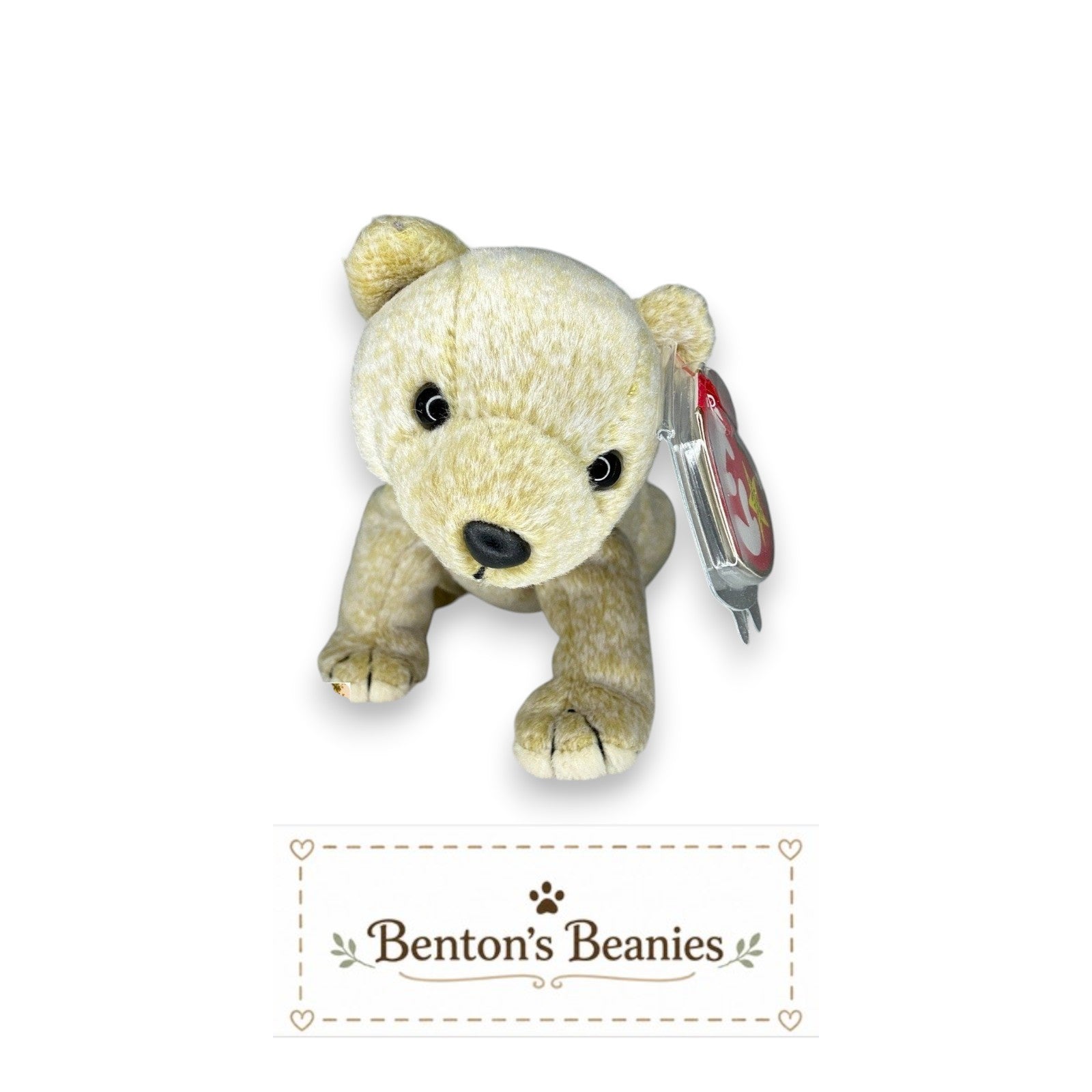 Benton's Beanies Almond the Bear TY Beanie Baby, cream plush teddy bear with button eyes and red heart tag.