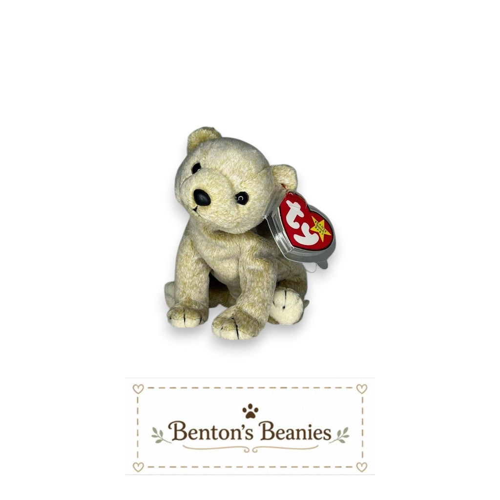 Benton's Beanies Almond the Bear TY Beanie Baby, cream plush teddy bear with button eyes and red TY tag.