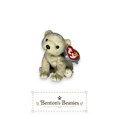 Benton's Beanies Almond the Bear TY Beanie Baby, cream plush teddy bear with button eyes and red TY tag.
