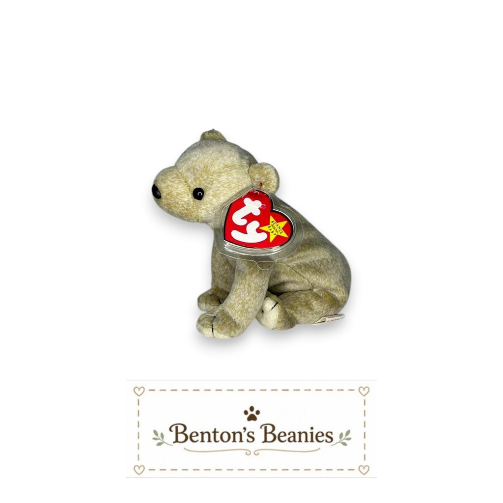 Benton's Beanies Almond the Bear TY Beanie Baby, soft cream plush with button eyes and red heart tag.