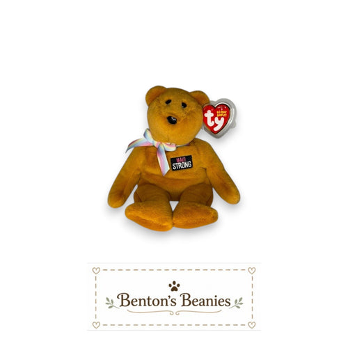 Benton's Beanies Aloha the Bear Ty Beanie Baby, golden plush with rainbow ribbon and "Maui Strong" emblem on chest.