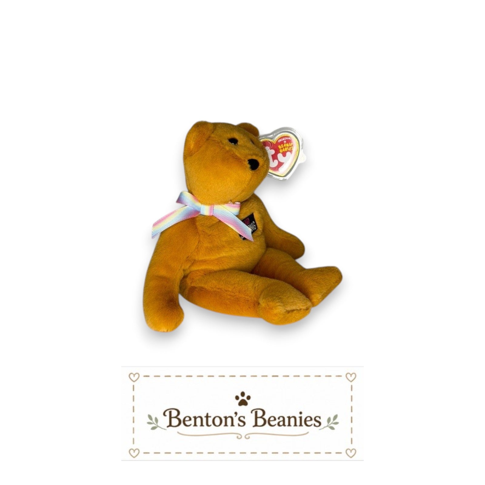 Benton's Beanies Aloha the Bear Ty Beanie Baby, golden plush with pastel rainbow ribbon and Maui Strong emblem.