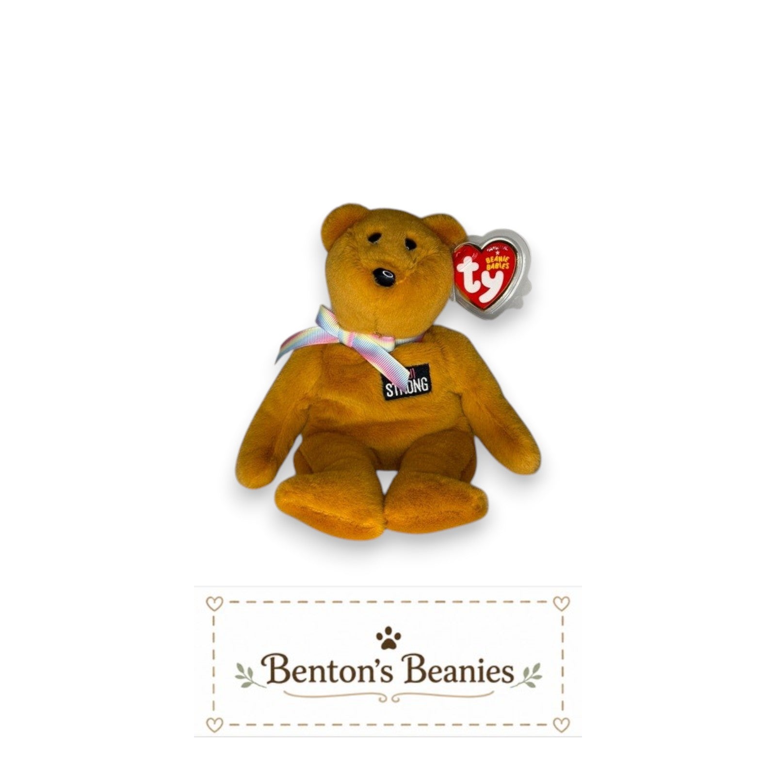 Benton's Beanies Aloha the Bear Ty Beanie Baby, golden plush with rainbow ribbon and "Maui Strong" emblem on chest.