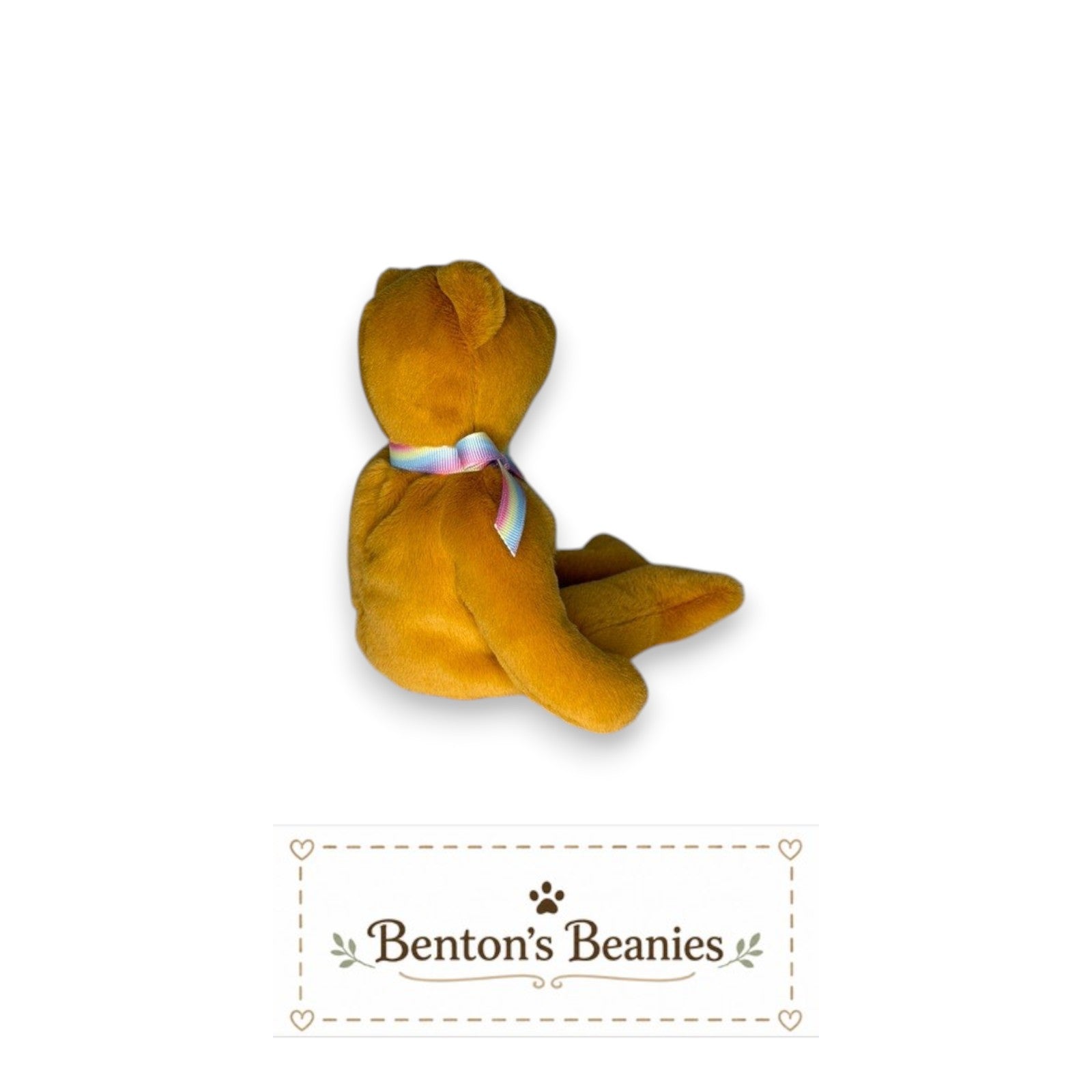 Benton's Beanies Aloha the Bear Ty Beanie Baby, golden plush with pastel rainbow ribbon and Maui Strong emblem.