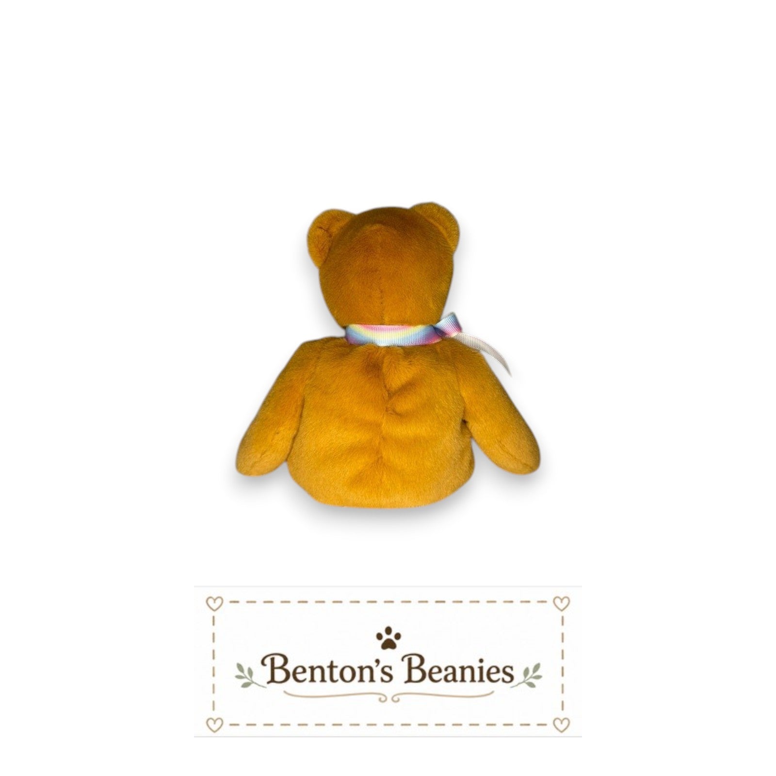 Benton's Beanies Aloha the Bear Ty Beanie Baby, golden plush with pastel rainbow ribbon, Maui Strong emblem.