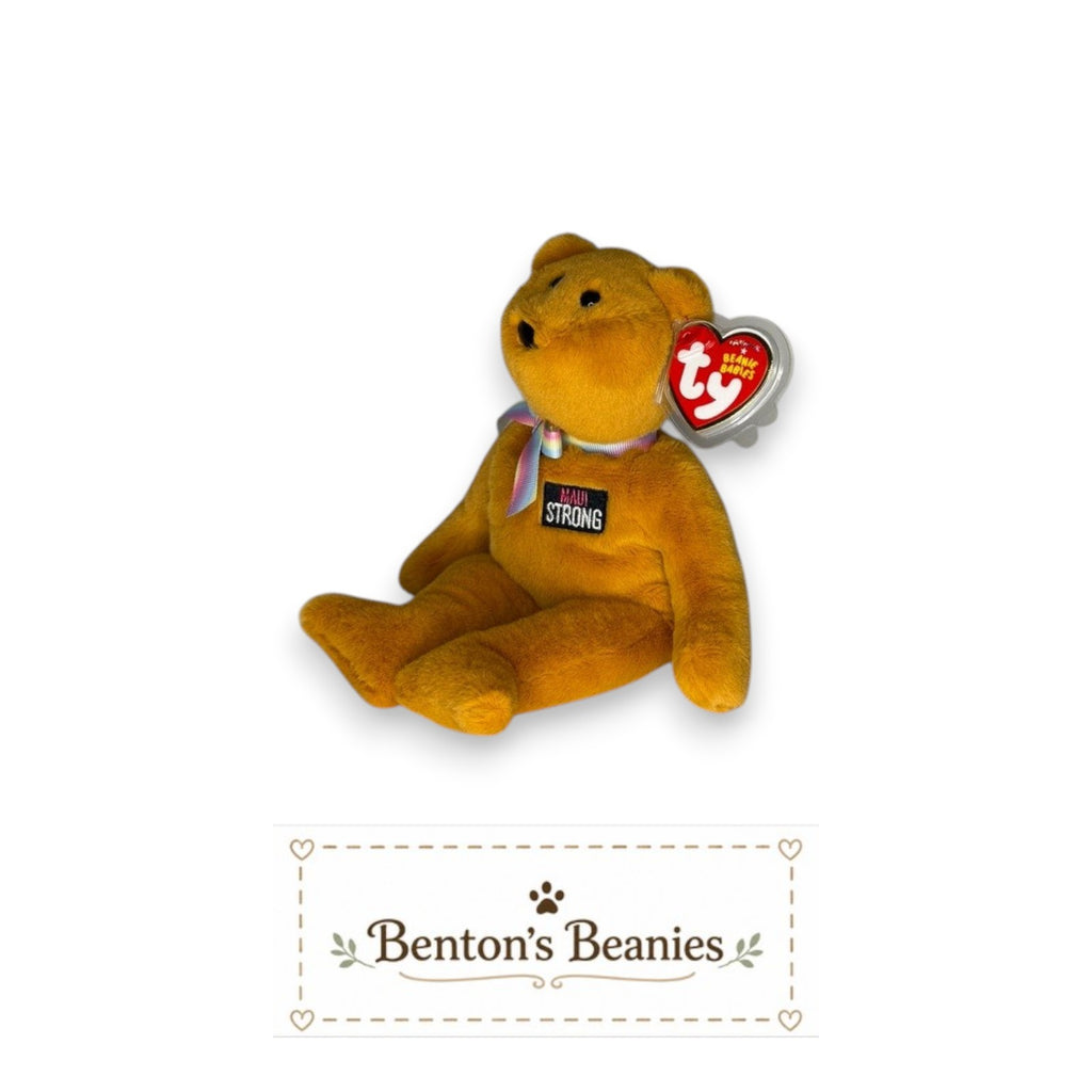 Benton's Beanies Aloha the Bear Ty Beanie Baby, golden plush with rainbow ribbon and "Maui Strong" emblem on chest.