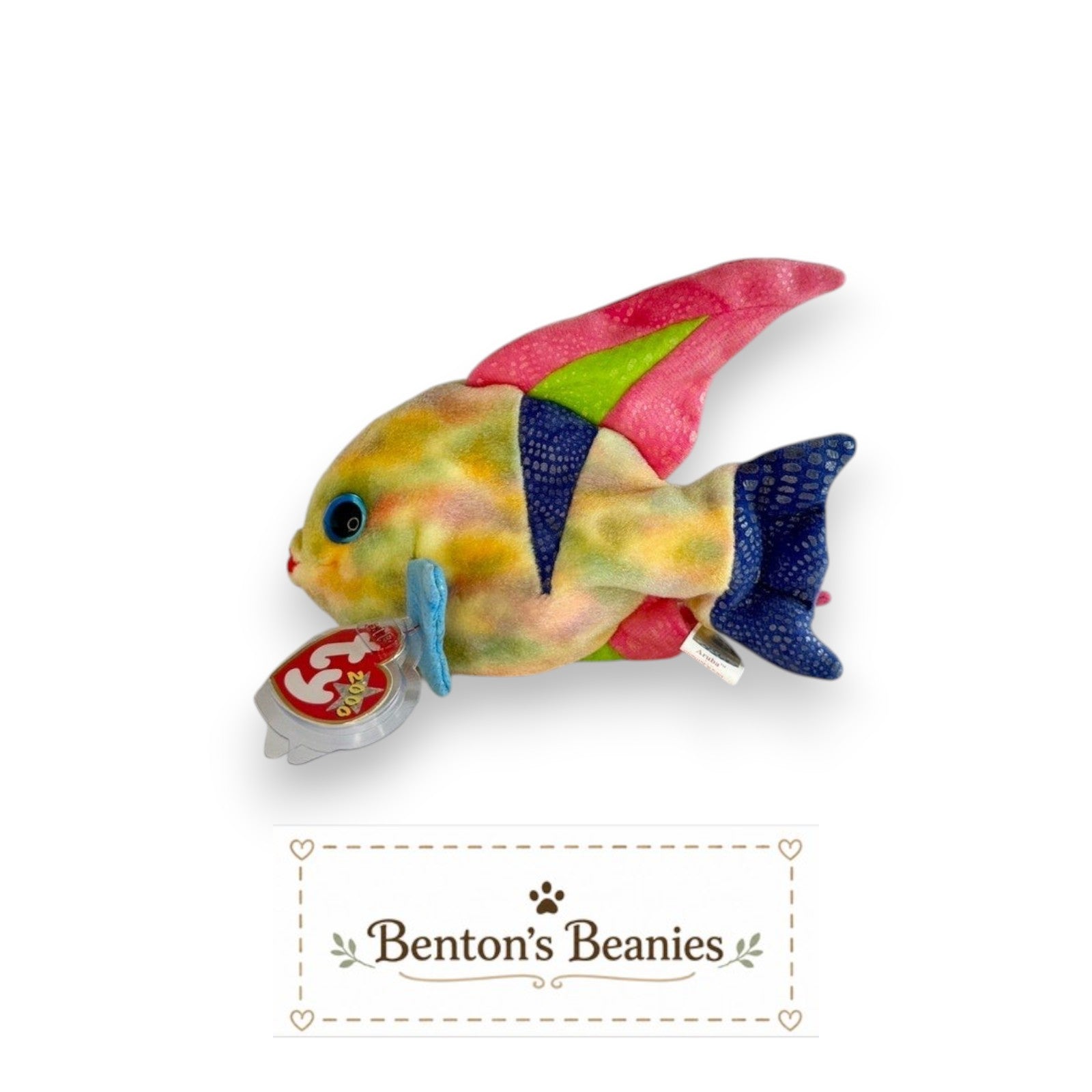 Benton's Beanies Aruba the Fish Ty Beanie Baby, pastel rainbow plush with blue fins and pink accents.