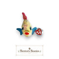 Benton's Beanies Aruba the Fish Ty Beanie Baby plush toy with pastel rainbow colors, blue fins, and pink tail.