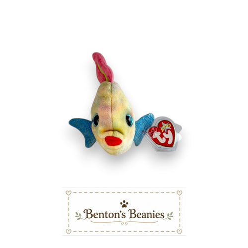 Benton's Beanies Aruba the Fish Ty Beanie Baby plush toy with pastel rainbow colors, blue fins, and pink tail.
