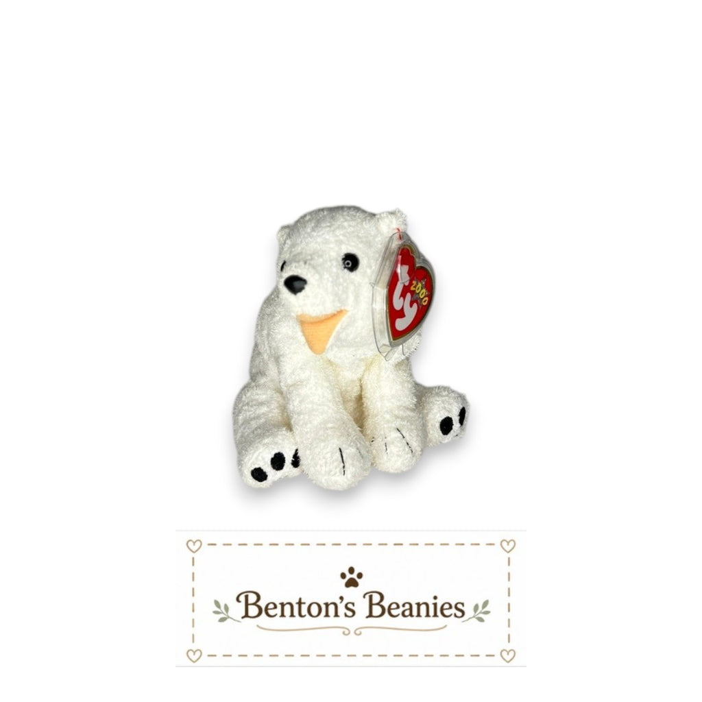 Benton's Beanies Aurora the Polar Bear Ty Beanie Baby, white plush, red heart tag, vintage collectible