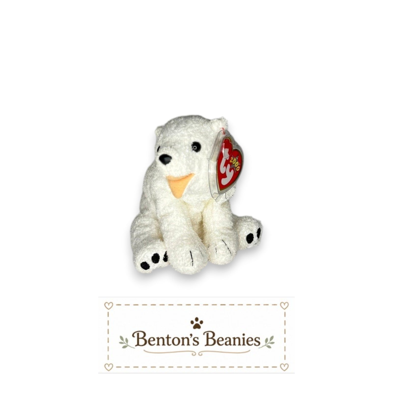 Benton's Beanies Aurora the Polar Bear Ty Beanie Baby, white plush, red heart tag, vintage collectible