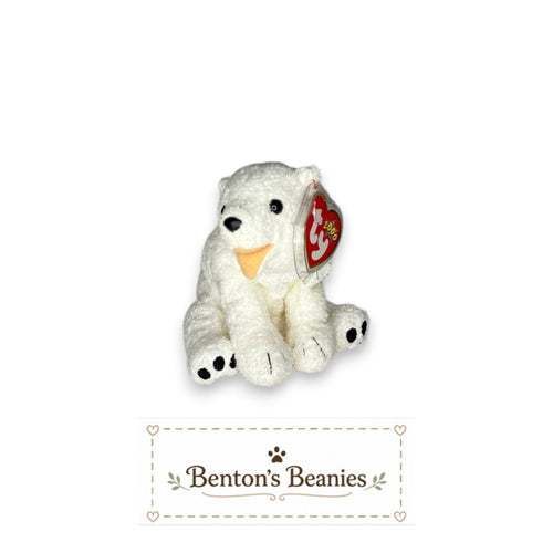Benton's Beanies Aurora the Polar Bear Ty Beanie Baby, white plush, red heart tag, vintage collectible