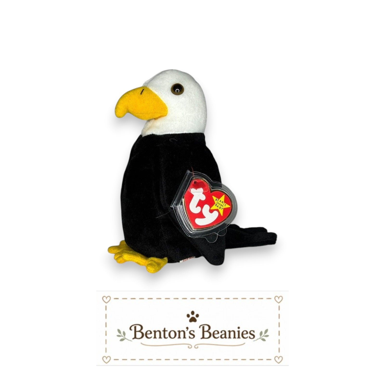 Benton's Beanies Baldy the Eagle TY Beanie Baby plush toy with black body, white head, yellow beak and feet.