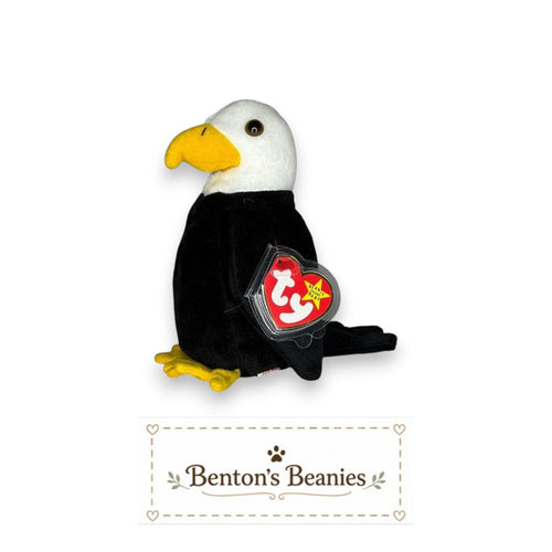 Benton's Beanies Baldy the Eagle TY Beanie Baby plush toy with black body, white head, yellow beak and feet.