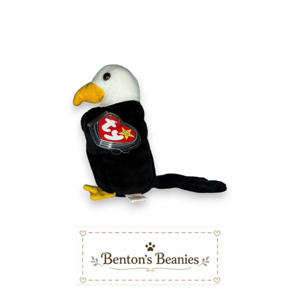 Benton's Beanies Baldy the Eagle TY Beanie Baby plush toy. Black body, white head, yellow beak and feet. Mint condition with tags.